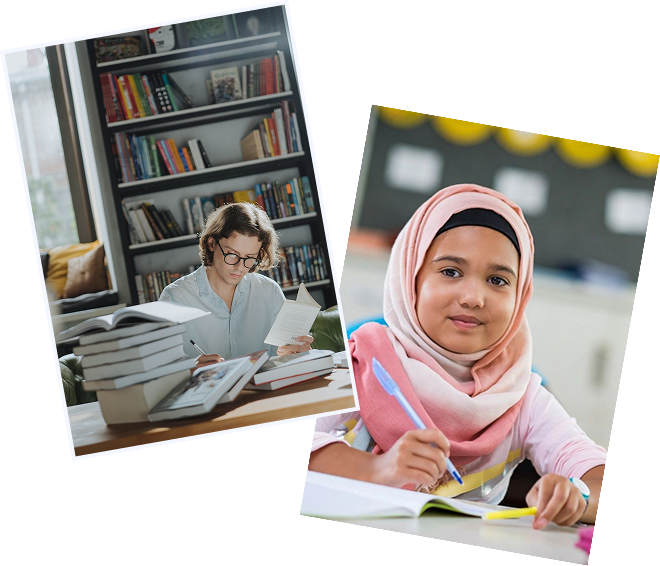 Student studying with books; girl writing