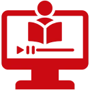 Red online learning icon on black background.