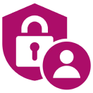 Shield, padlock, and user icon on black.