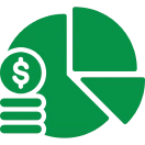 Green pie chart with dollar coins icon.